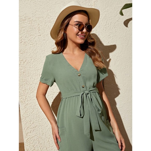 Maternity Pocket Side Roll Up Sleeve Belted Jumpsuit green - Picture 5 of 5
